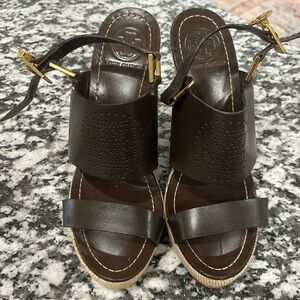 Tory Burch Dark Brown Leather Kimberly Platform Wedges Sandals